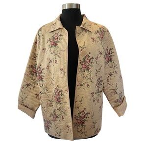 Vintage 70s quilted floral jacket button up tan S light mid weight